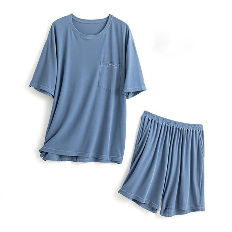 Silk XXL Męska bielizna nocna z dzianiny 114 cm Chest Blue Night Suit Loungewear Summer